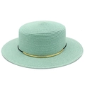 Λεπτομέρεια από ψάθινο καπέλο μέντας με λεπτή πλέξη και χρυσή μεταλλική λεπτομέρεια σε κορδέλα - Πράσινο της μέντας