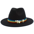 Detail of black wool fedora featuring a rainbow ribbon band with pearls and a flower - One Size / Black
