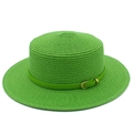 Detailed close-up of woven green boater straw hat with matching leather belt and gold buckle - Emerald Green