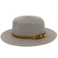 Detail of grey straw boater hat with glitter weaving and brown leather belt buckle - Gray