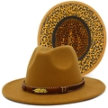 Khaki wool fedora hat with leopard print lining and golden feather accessory - Brown