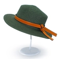 Detail of dark green woven straw sun hat featuring an orange leather bow with white stitching - One Size / Dark Green