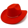 Vintage red wide brim cowboy hat with gold metal buckle and felt texture for unisex fashion - Red