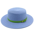 Detail of light blue straw boater hat featuring a vibrant green faux leather buckled band - Light Blue