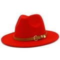 Detailed close-up of a red fedora hat with a brown faux leather belt and gold heart charm - Red