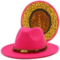 Detail of magenta wide brim fedora showing leopard print lining and golden feather buckle - Rose Red