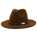 Detailed macro view of the wool felt fedora with brown leather band and gold buckle - Coffee
