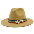 Elegant khaki wool fedora hat with rainbow ribbon band and pearl flower accents - Camel