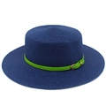 Detail of navy boater hat with fine weave texture and neon green leather belt buckle - Dark Blue