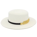 Elegant white woven flat top straw hat with black band and gold leaf charm for women - White