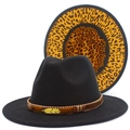 Detail of wool fedora with brown braided band, gold feather pin and leopard print brim lining - Black