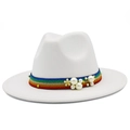 Elegant white fedora wool hat with iridescent pearl band and decorative cream flower - White
