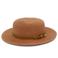 Close-up of woven straw sun hat with brown leather band and heart buckle detail - Deep Pink