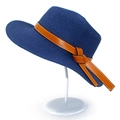Detail view of woven straw hat featuring a brown leather band with white stitching - One Size / Dark Blue