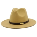 Close-up of khaki wool fedora hat with brown leather band and gold buckle detail - Camel