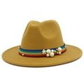 Detail of camel wool fedora hat featuring rainbow striped ribbon and pearl accents - Khaki