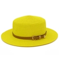 Detail of a bright yellow straw hat featuring a brown leather band and gold metal buckle - Yellow
