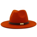 Detail of burnt orange fedora hat with wide brim and black belt with gold metal buckle - Dark Orange