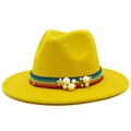 Wide brim wool jazz fedora hat in bright yellow with rainbow pearl trim decoration - Yellow