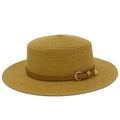 Detailed macro view of the ginger straw boater hat with a brown leather decorative belt - Brown