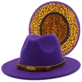 Purple wide brim fedora hat with leopard print lining and golden feather accent - Purple