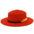 Flat top orange boater straw hat with black leather band and golden metal feather detail - Red
