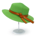 Green flat top straw sun hat with brown leather band decoration on a metal stand - One Size / Verdant