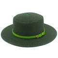 Detail of dark green straw boater hat with bright green belt and gold buckle decoration - Dark Green
