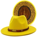 Detail view of yellow wool fedora hat with metal feather decor and leopard print brim - Yellow