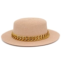 Chapeau canotier chic en paille pour femme avec un ruban décoratif en chaîne dorée - Rose Clair