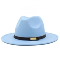 Close-up of light blue wide brim fedora hat with brown leather belt and gold buckle detail - Light Blue