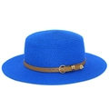Detail of blue straw sun hat showing fine weave texture and leather belt buckle - Sapphire Blue