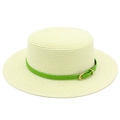 Flat top wide brim straw sun hat in cream with green leather belt and gold buckle - Off White