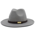 Detail view of grey wool fedora hat with brown leather band and golden metal buckle accessory - Gray