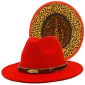 Red wool fedora hat with leopard print brim and decorative gold feather pin - Red