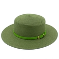 Detailed macro view of olive green straw hat weave with green leather belt and gold buckle - Grass Green