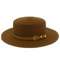 Detailed weave of dark brown straw sun hat with leather band and golden heart rivet buckle - Coffee