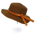 Detailed weave texture of coffee straw hat with orange leather bow decoration - One Size / Coffee