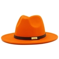 Vibrant orange felt fedora hat with a dark brown band and gold metal buckle detail - Orange