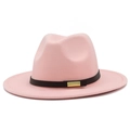Pink wool felt fedora hat with black belt and gold buckle for men and women - Pink
