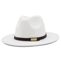 White wool fedora with brown leather belt and gold metal buckle for men and women - White