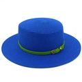 Blue boater straw hat with green leather belt and gold buckle for summer beach travel - Sapphire Blue