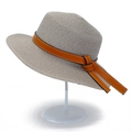 Detail of light beige straw sun hat with textured weave and brown leather band - One Size / Gray