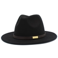 Detail of classic black fedora hat with brown leather belt and gold buckle accent - Black