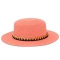 Chapeau de paille canotier rose corail avec chaîne dorée élégante pour plage et été - Taille unique / Rose