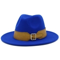 Royal blue wool fedora hat with wide brim and brown faux leather buckled band - Sapphire Blue