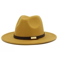 Detail of ginger yellow felt fedora hat featuring brown belt strap and gold buckle - Khaki