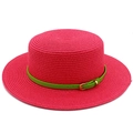 Bright rose pink straw sun hat with decorative green belt and gold buckle for summer beach trips - Rose Red
