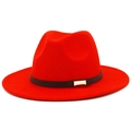 Detail of red wool fedora hat featuring a thin black leather belt with gold metal buckle - Red