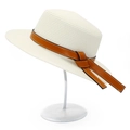 Detail of cream straw boater hat featuring a brown leather band with contrast stitching - One Size / White